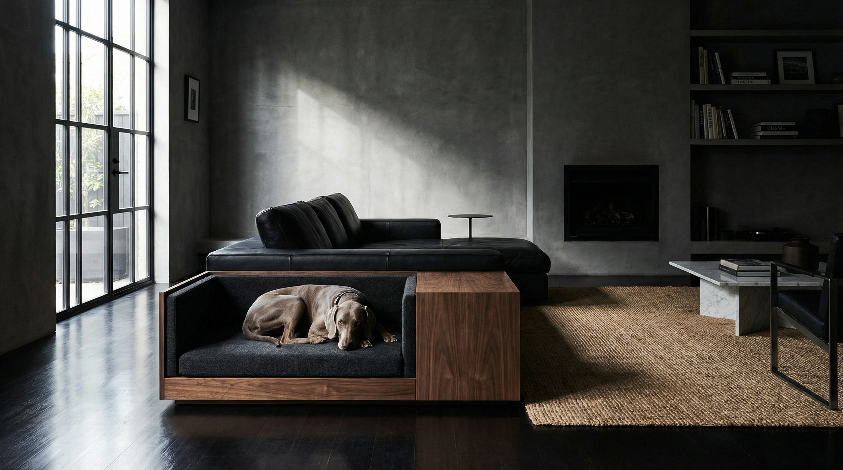 Modern living room with dog
